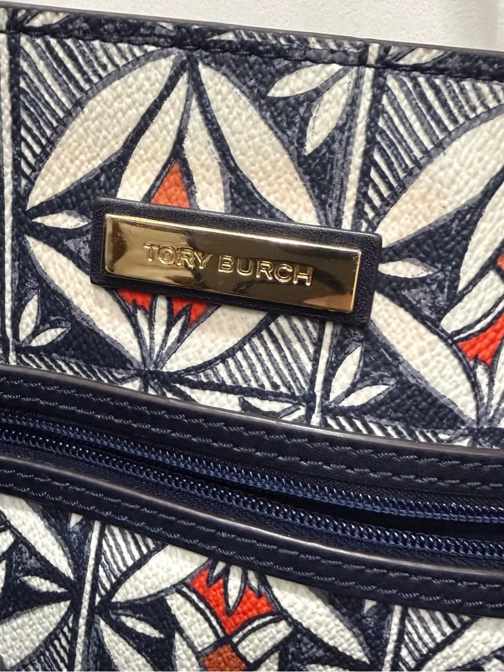 Tory Burch Floral Geometric Canvas Tote Bag in Navy and Red